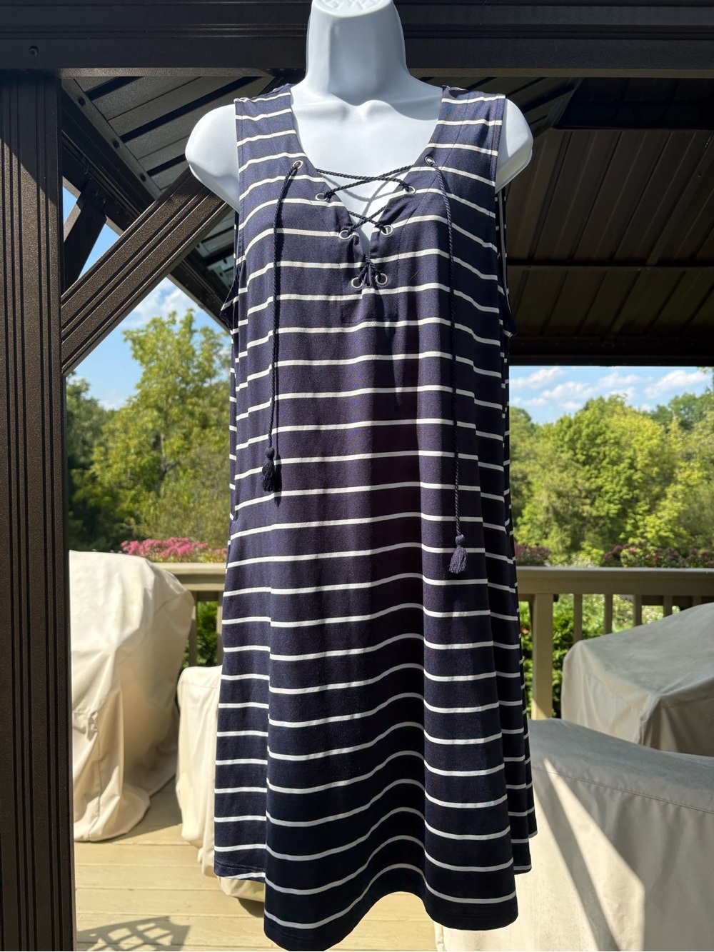 NAUTICA Sleeveless Navy Striped Lace-Up Swim Cover-Up Dress, Size:,XL